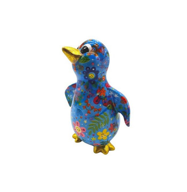 SALVADANAIO PINGUINO PACO M AZZURRO DECORO FIORI